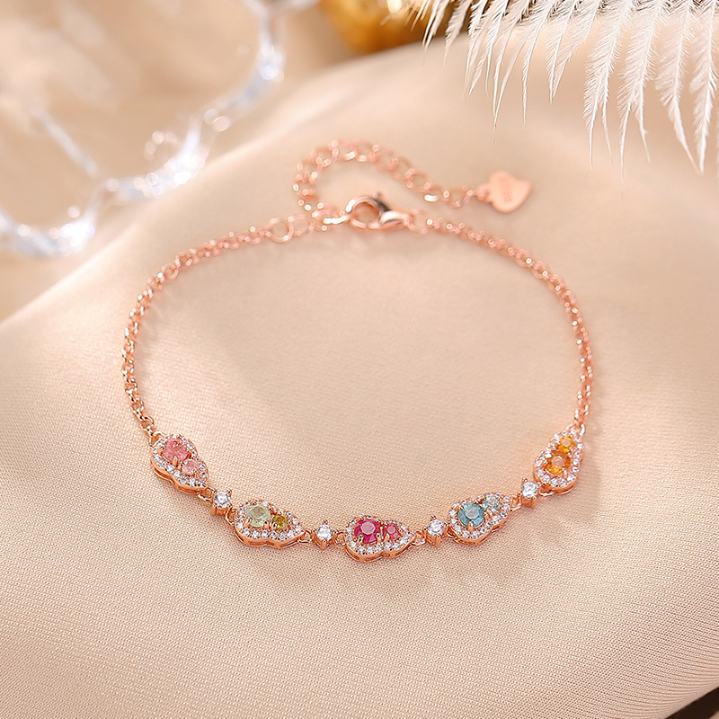 Vòng tay nữ bạc S925 mạ vàng hồng đính tourmaline nhiều màu phong cách Trung Quốc — Mẫu bạc (màu tourmaline là ngẫu nhiên)