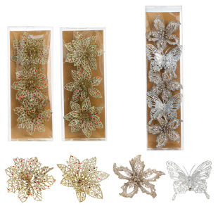 Cross-border New Christmas Atmosphere Arrangement Christmas Tree Creative Decoration Hollow Butterfly Flower Arrangement Sticky Powder Sequin in stock
