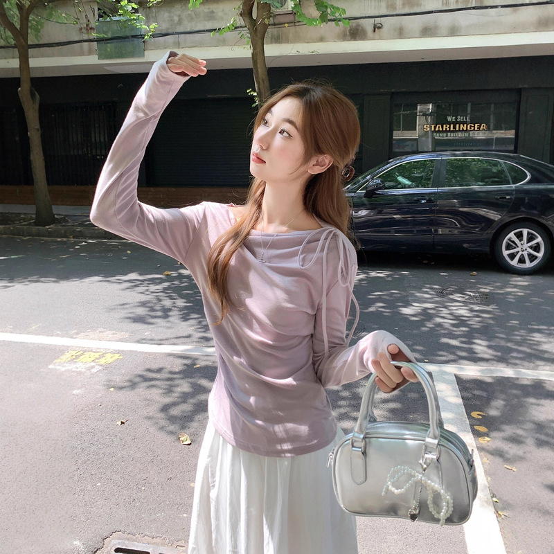 Off-Shoulder Long-Sleeve Tie-Neck Slim-Fit Base Shirt for Women, Early Autumn 2025 New Style