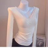 Осенний модный кружевной шелковый приятный телу сексуальный лонгслив, V-образный вырез, в западном стиле