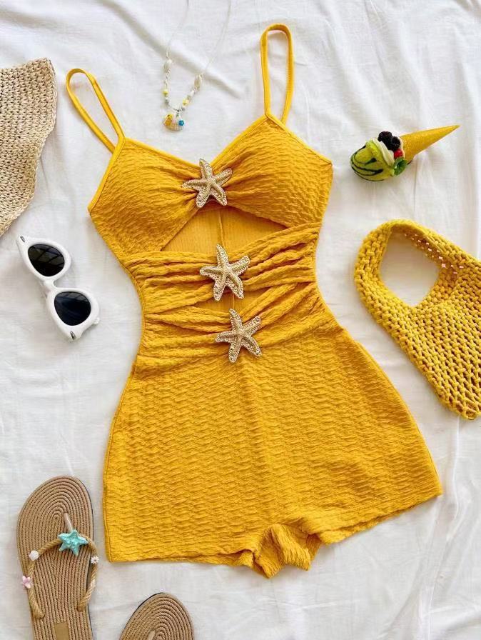 Textured Ruffle Strap One-Piece Swimsuit With Starfish Accent, Cutout Waist Design For Women's Vacation Hot Spring Wear_ecoleips.com