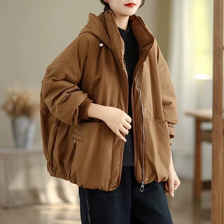 时尚连帽棉服女2025冬季新款宽松百搭保暖抽绳加上棉外套批发
