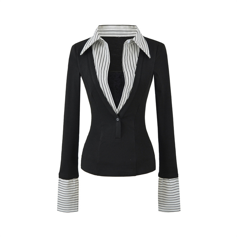 Korean Style Spicy Girl Fake Two-Piece Slim-Fit Long-Sleeve Shirt T-Shirt with Fashionable Versatile Waist-Cinching Striped Outerwear Top for Women