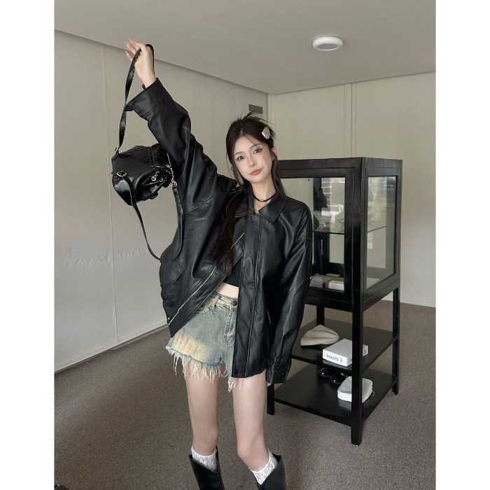 高级感美拉德咖色皮衣外套女秋冬美拉德皮夹克宽松百搭机车服上衣|undefined