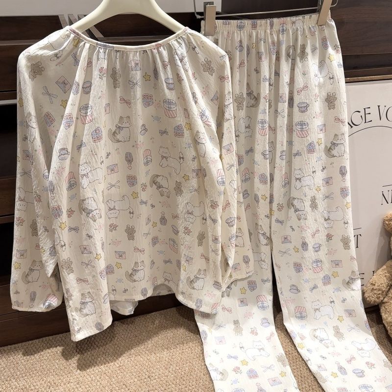 胖mm睡衣女带胸垫春秋款云朵棉长袖日系ins卡通家居服套装可外穿|undefined