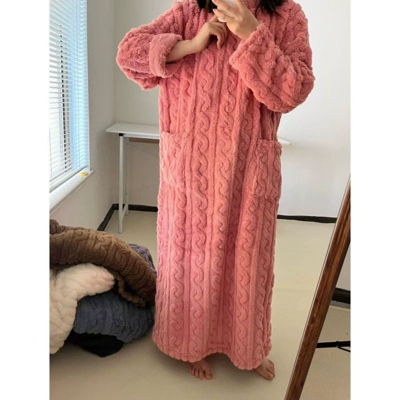 Теплый пижамный комплект, коралловый бархат, зимнее длинное bathrobe для отдыха, оверсайз