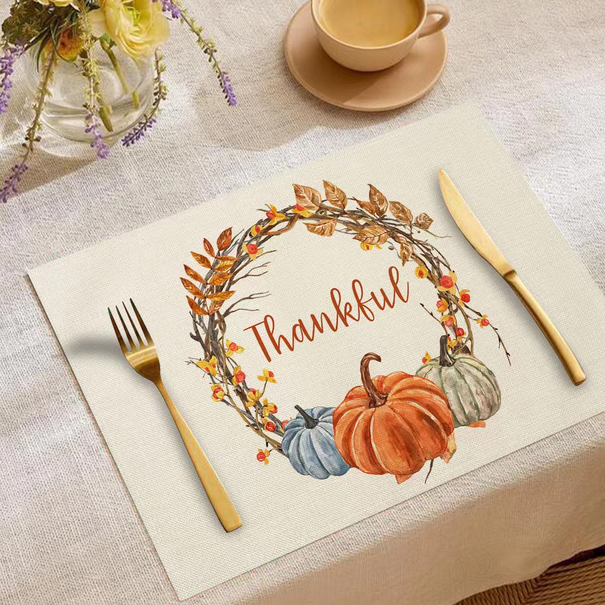 Transfronterizo temu explosión Día de Acción de Gracias otoño calabaza lino estampado conjunto lino estampado mesa de restaurante