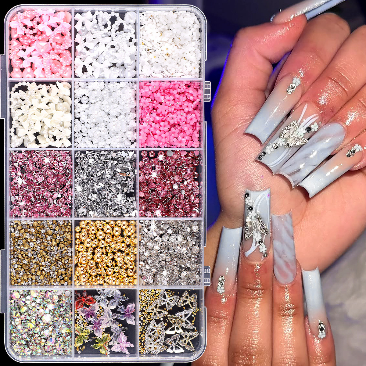 15-Compartment Ribbon Butterfly Nail Art Decoration Set Box Cross-Border Pearl Moon Heart Resin DIY Girl Nail Accessories