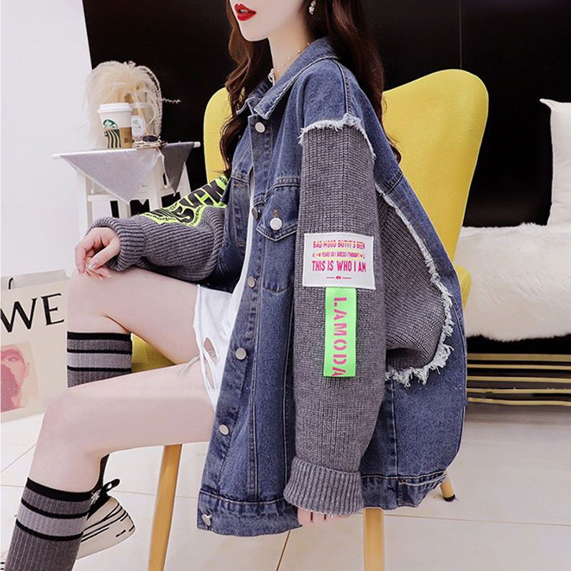 秋季新款大码女装牛仔拼接毛衣春秋休闲外套宽松针织开衫上衣女