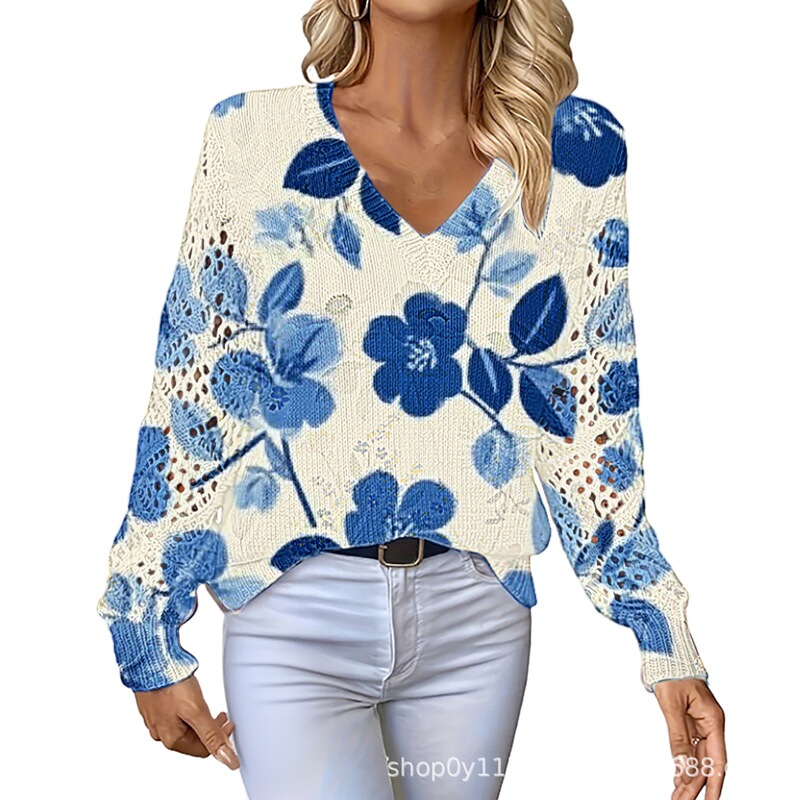 Foreign Trade Cross-Border Hot-Selling Elegant Floral Top with Thick Needle 3D Digital Printing Women's Long-Sleeved V-Neck Top Foreign Trade Cross-Border Hot-Selling Elegant Floral Top with Thick Needle 3D Digital Printing Women's Long-Sleeved V-Neck Top