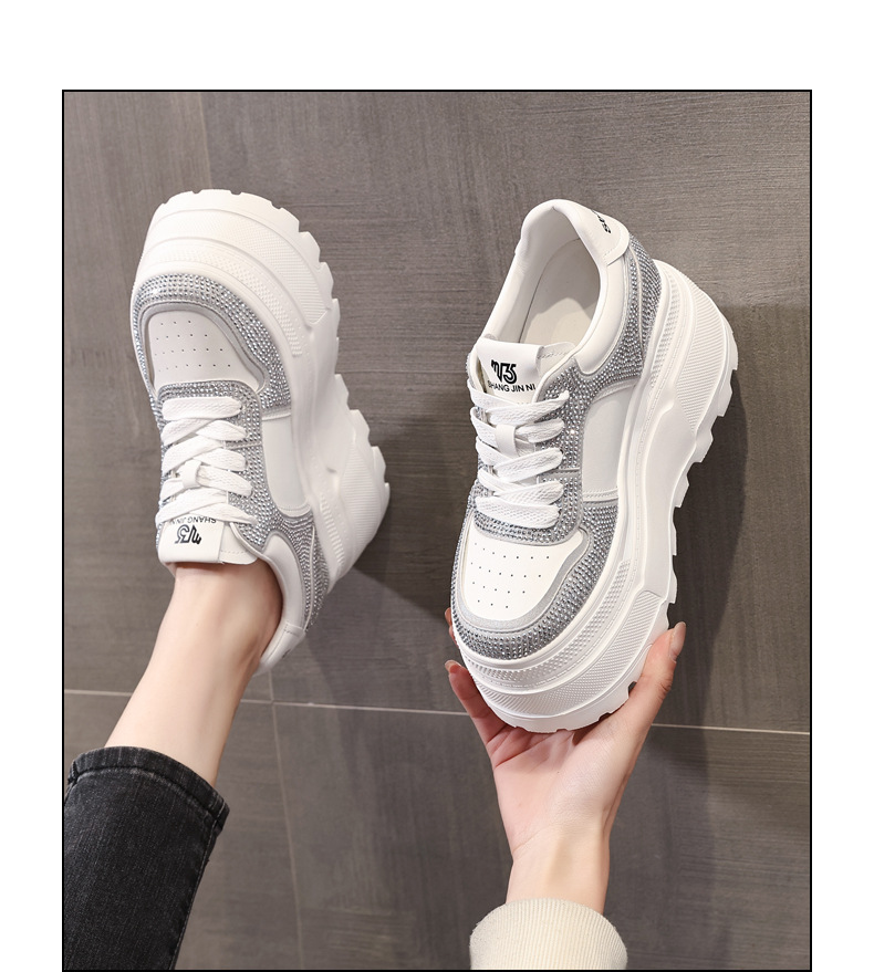 Giày sneaker nữ đế dày độn cao bên trong, phối đá rhinestone trắng thời trang — bạc trắng chi tiết 14