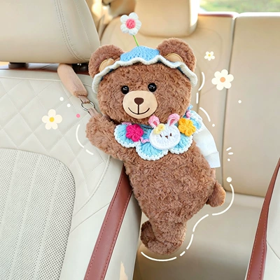 Car tissue box/set: high-end decoration, car tissue - blue-floral-hat-brown-bear-upgraded-spacesmooth-tissue-dispensing