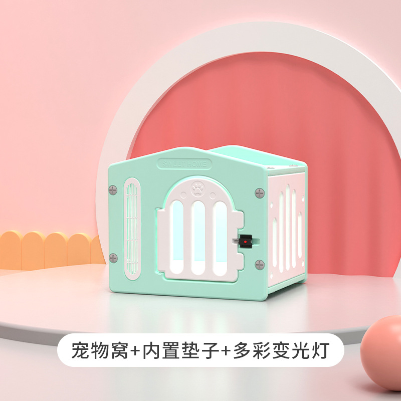 문이 있는 고양이 빌라 + 매트 + 주변 조명: 녹색 및 흰색