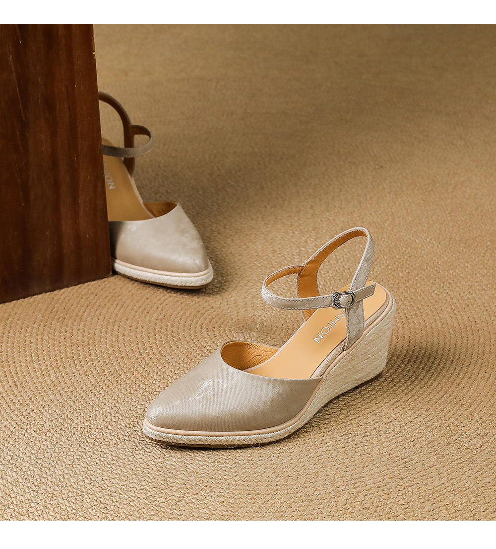 Sandal cao gót nữ phong cách Tân Trung Hoa, mũi kín quai ngang, đế xuồng bện rơm, gót 7 cm — xanh lá cây, màu mơ chi tiết 15