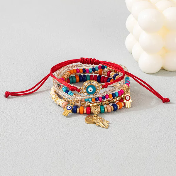 Bohemian style alloy heart-shaped palm and evil eye pendant multi-layer elastic cord beaded bracelet, direct from the manufacturer