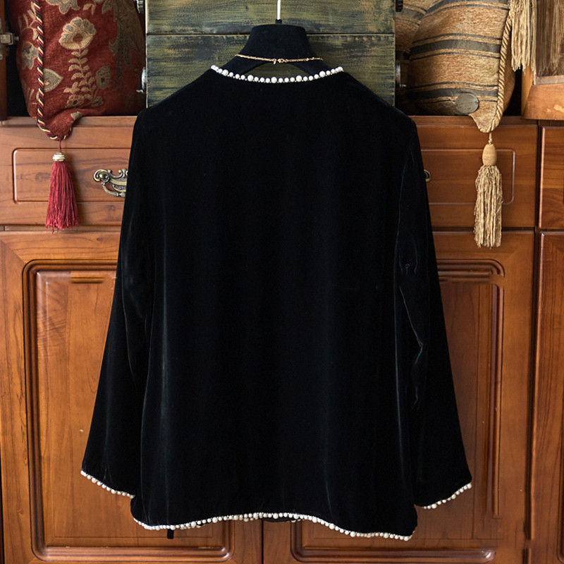 Damenbekleidung Luxuriöses Kleid mit damenhaftem Temperament, Perlenkragen, schrägem Kragen und Krawatte, lockere Hemdjacke aus Seidensamt_voghion.com