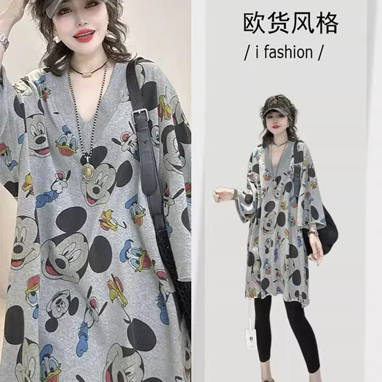 长袖t恤女300斤女装休闲慵懒风卡通米奇七分袖欧洲站百搭V领上衣
