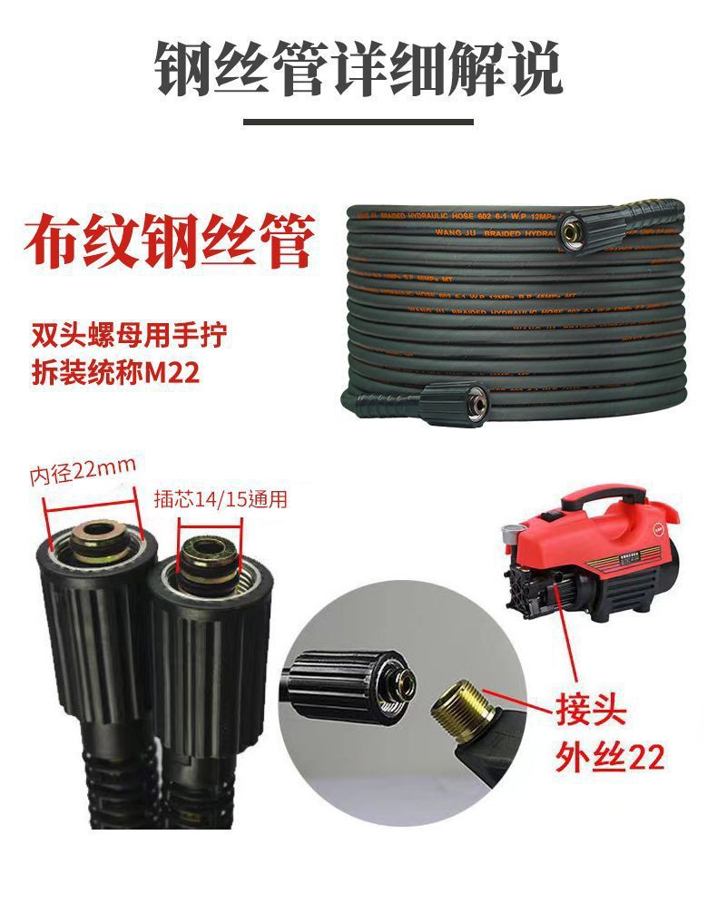 Super Pressure Explosion-Proof Water Pipe Car Washing Machine High-Pressure Steel Wire Pipe Special Household Black Cat 380 Cleaning Machine Accessories
