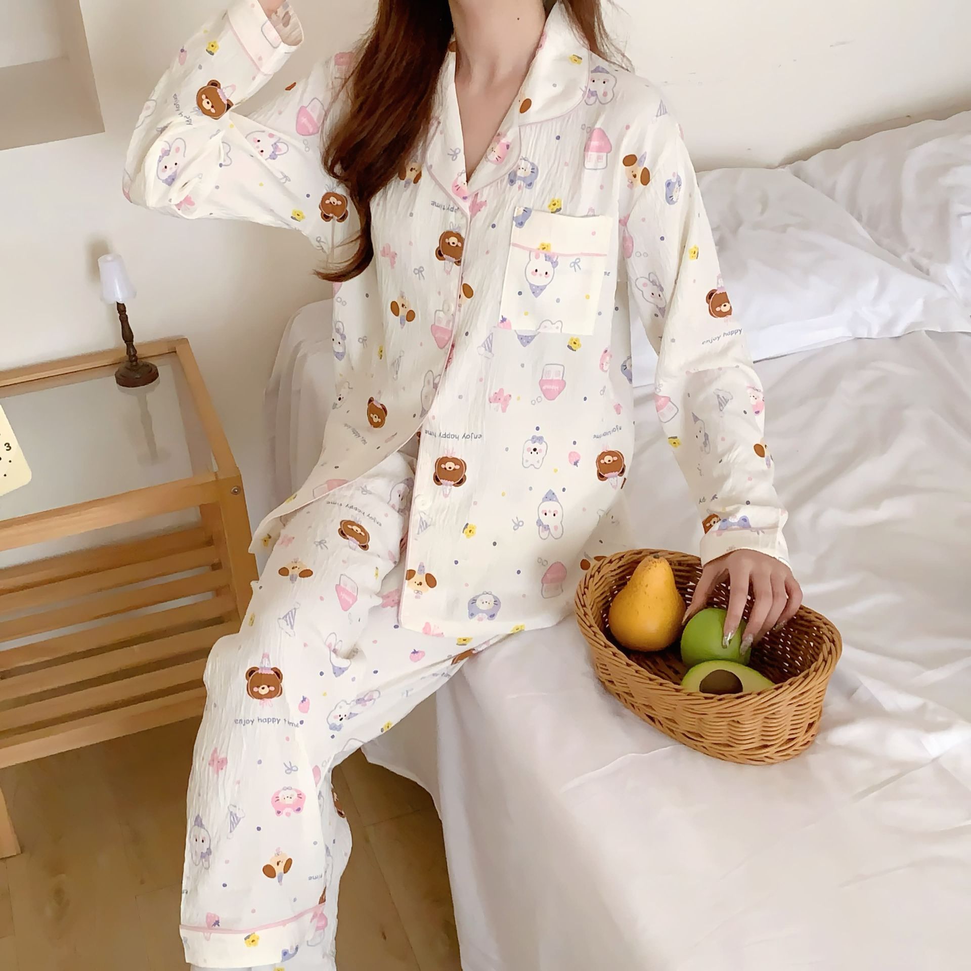 Al por mayor transfronterizo nuevo pijama de mujer pantalones de manga larga nubes de algodón lindos dibujos animados estudiantes cardigan con solapa cubierta de ropa para el hogar