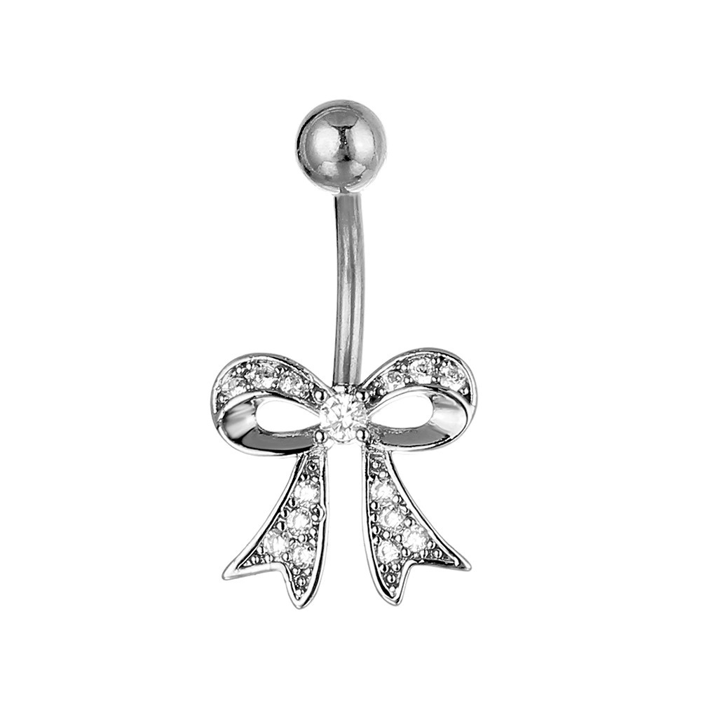 Bow Design Belly Button Ring With Zirconia In Stainless Steel_voghion.com