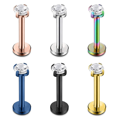 Manufacturer supplies stainless steel zirconia claw lip stud, threaded zirconia inner tooth lip stud, zirconia earring lip ornament lip stud