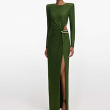 深圳南油高定女装新款时尚小众设计重工烫钻露腰开叉礼服裙