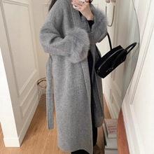 2025秋冬新款双面羊毛大衣狐狸毛浴袍长款感女装羊毛呢外批发代发