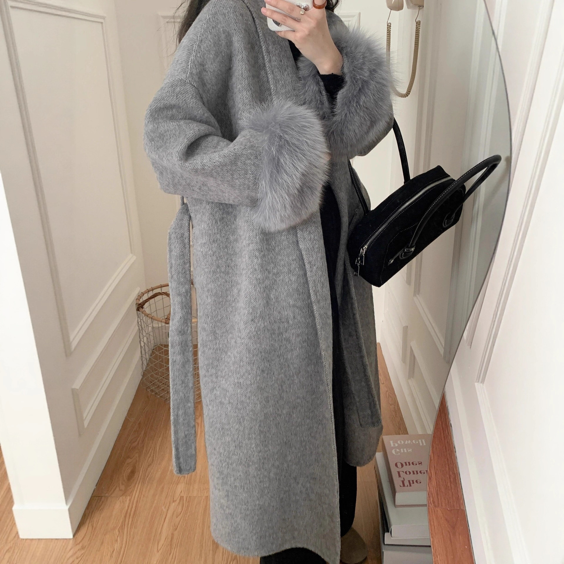 2025秋冬新款双面羊毛大衣狐狸毛浴袍长款感女装羊毛呢外批发代发