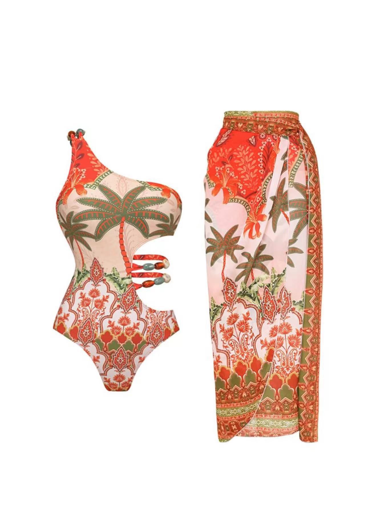 191g Weight Sleeveless Sleeve Length Nylon, Polyester Fabric Type Women's Casual Sexy Coconut Tree 2 Pieces Set One Piece Swimwear