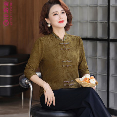 中年女装秋装长袖上衣中国风盘扣小衫洋气大码妈妈装春秋提花上衣