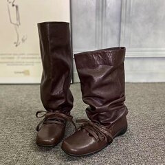 复古西部堆堆靴女2025年复古百搭芭蕾舞绑带褶皱中筒靴瘦瘦靴女