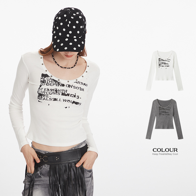 HeyHenry American-style Spicy Print Long-Sleeve T-Shirt for Women, 2025 New Autumn Short U-Neck Inner Layer Top
