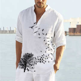 欧美亚马逊时尚男士休闲宽松棉麻印花潮流衬衣开衫长袖衬衫