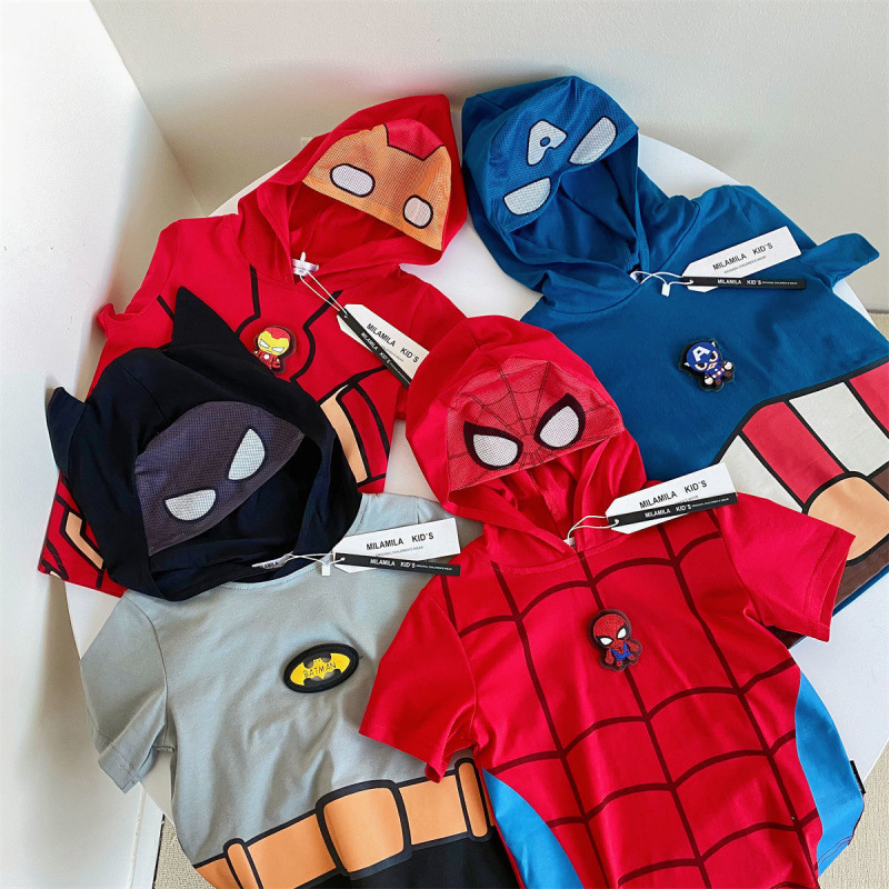 Boys Spider-Man Short-Sleeved T-Shirt Summer New Handsome Hero 6 Kidsren's Iron Man Pure Cotton Top with Stylish Flashing Lights