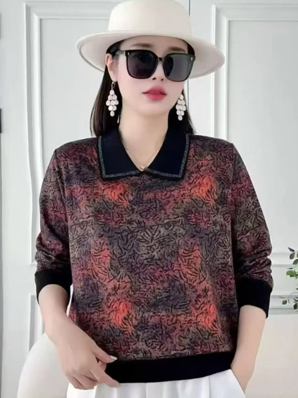 中老年女装2025秋装新款长袖T恤小衫大码宽松妈妈装春秋带领洋气|undefined