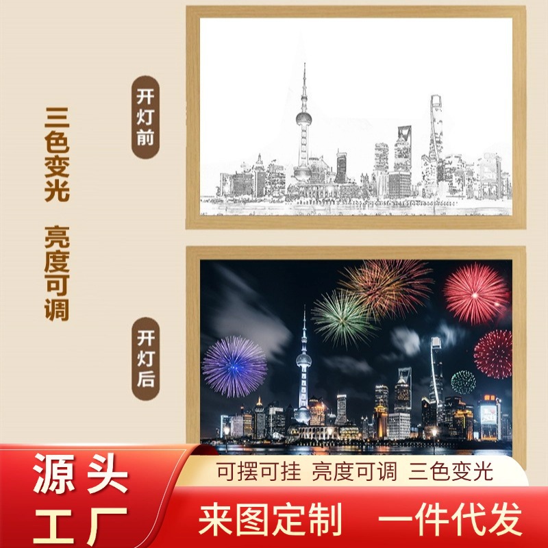 一件代发 抖音快手同款 ins灯光画万家灯火小夜灯发光卧室装饰画