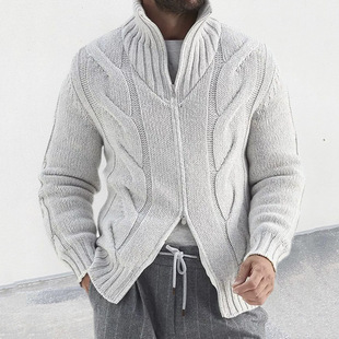 2025 autumn and winter new turtleneck sweater cardigan European and American style twisted flower zipper long sleeve knitted coat cross-border men's clothing