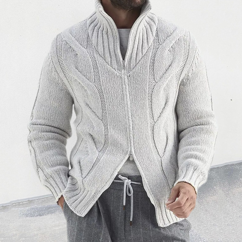 2025 Autumn Winter New High Collar Sweater Cardigan European American Style Cable Zipper Long Sleeve Knitted Jacket_voghion.com