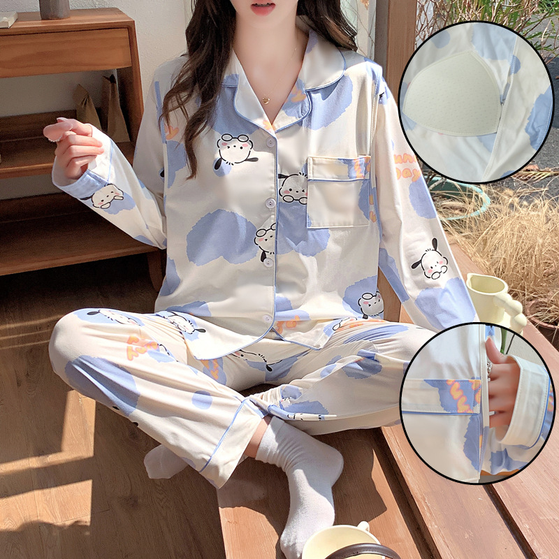 带胸垫仿棉春秋孕妇月子服哺乳衣开衫夏季产妇睡衣女长袖家居服
