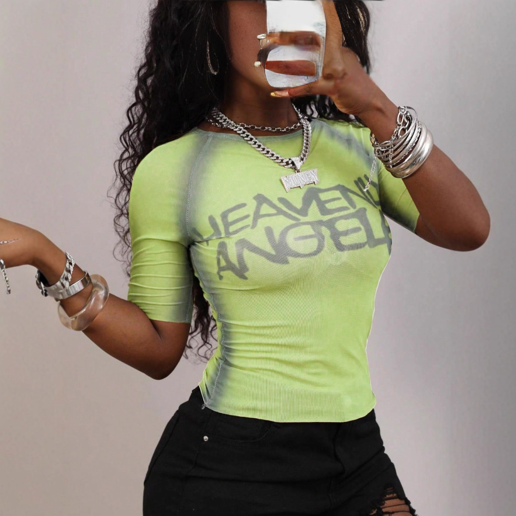 2025夏季新款女装美式性感甜辣风透视印花性感修身短款无痕上衣女