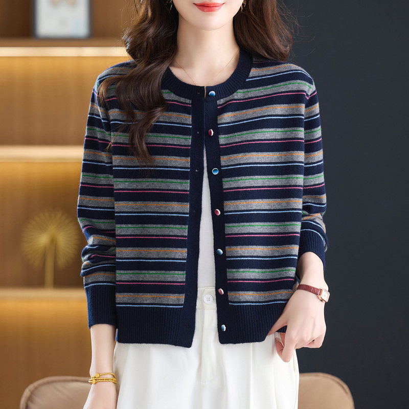 Knitted Cardigan for Women, 2026 Autumn and Winter New Fashion Versatile Coat, Plus-Size Color-Block Striped Slimming Top Knitted Cardigan for Women, 2026 Autumn and Winter New Fashion Versatile Coat, Plus-Size Color-Block Striped Slimming Top