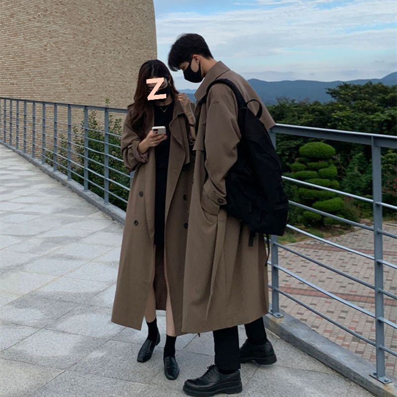 秋冬情侣风衣中长款韩版潮流男女同款过膝宽松高级感休闲大衣外套