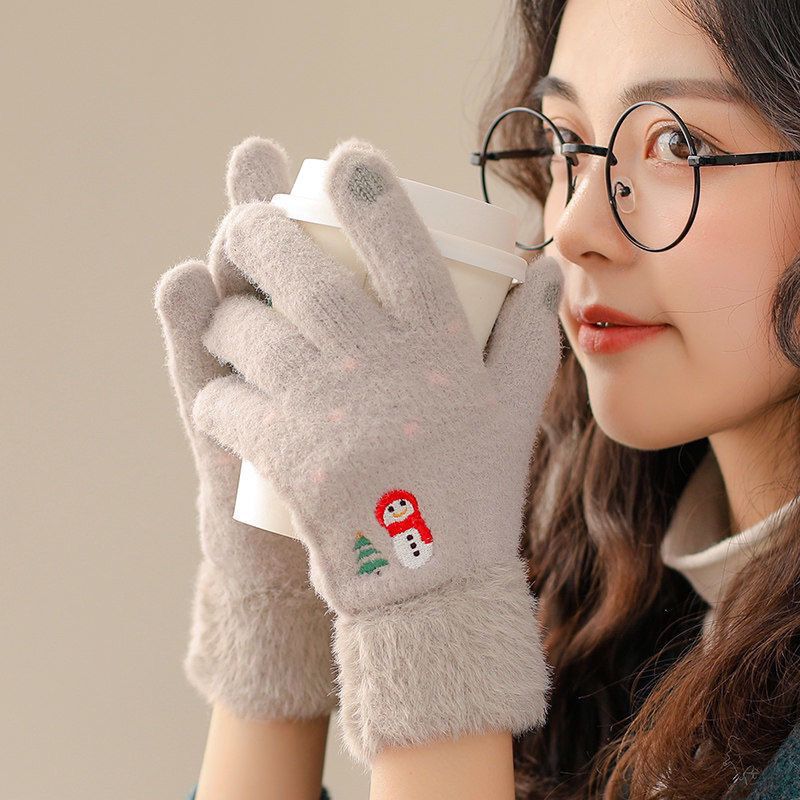 手袋の女性の冬の保温のメリヤスのかわいい韓国版の雪だるまの学生のベルベットの厚いタッチパネルは手袋の卸売りに乗ります。|undefined