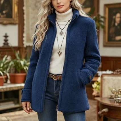 2026 Amazon Cross-Border Winter Women's Stand Collar Solid Color Loose Casual Fashion Long Sleeve Fleece Zipper Jacket