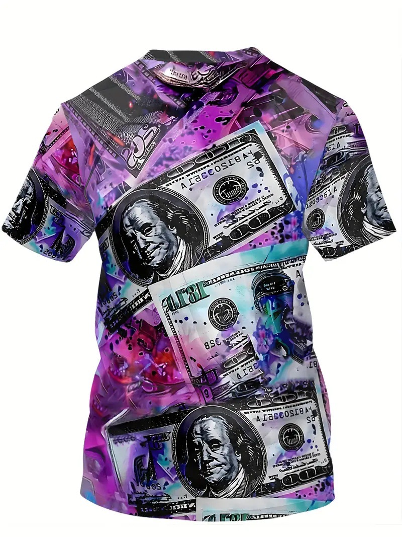 Billetes de colores abstractos estampados en 3D para hombre, malla suelta de verano, manga corta transpirable, cuello redondo, camiseta en stock