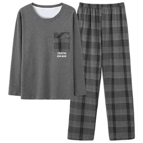 Korean men's pajama set plus size autumn winter round neck long sleeve long pants simple casual checkered home clothes