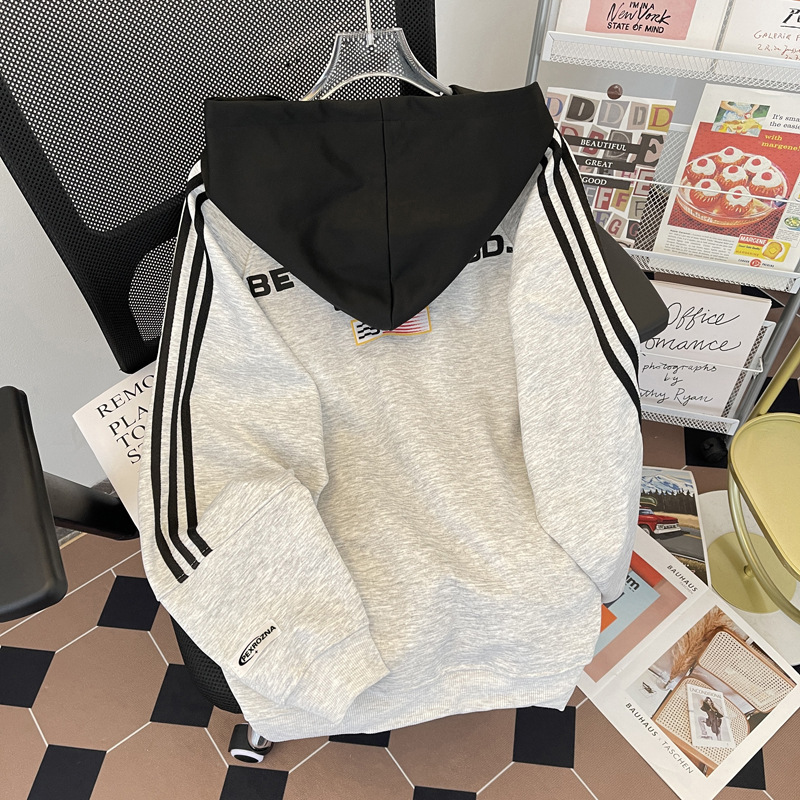 レトロなつなぎ合わせの3本のバーと帽子の衛衣の男女の新型の2024春秋のファスナーの野球服のカーディガンのジャケットのコート|undefined