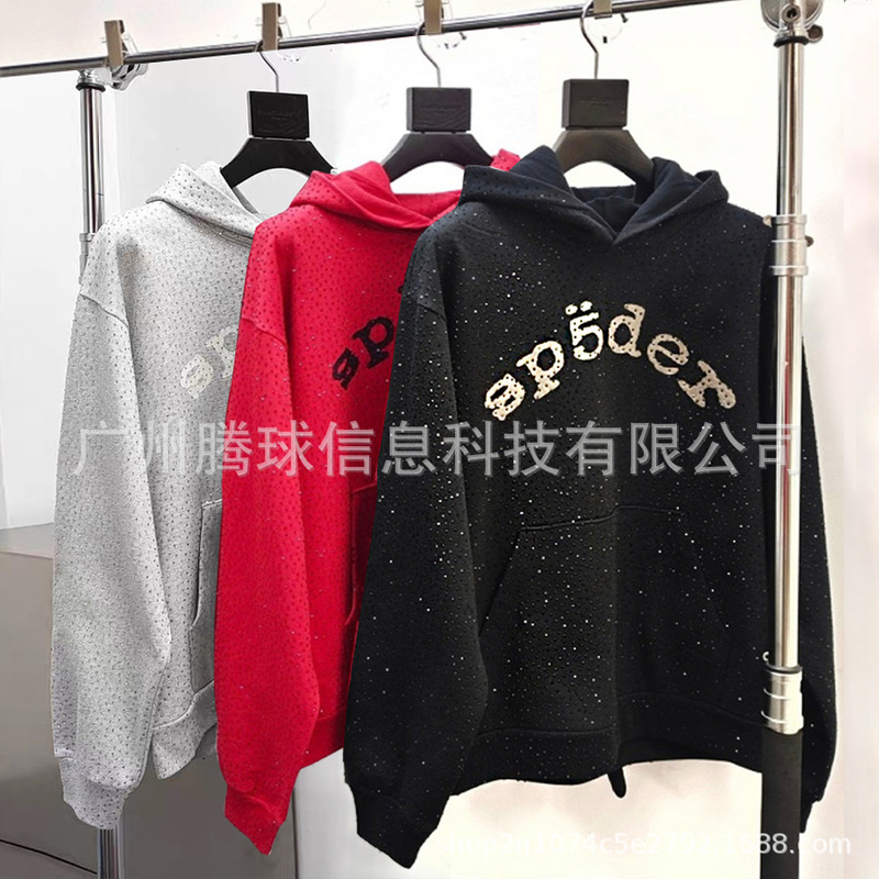 High-Quality Cross-Border Original Sp5Der Vvs Rhinestone Sweatshirt 450g Heavyweight Fleece Hoodie Factory Wholesale