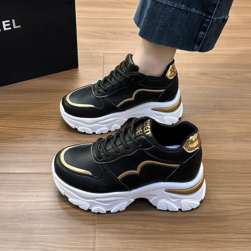 Women's Trendy 2025 Spring and Autumn New Thick-Soled Leather Casual Sports Running Shoes with Internal Height Increase
