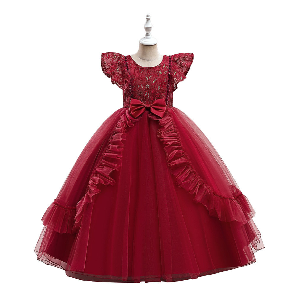 Europeo y americano transfronterizo medio y grande vestido de niños arco con cuentas malla princesa vestido banquete fiesta traje en stock